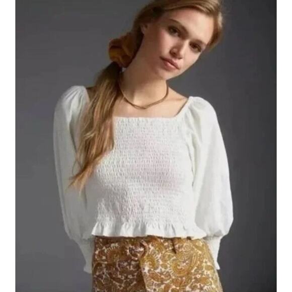 Pilcro Tops - Anthropologie Pilcro Ginny Ivory Smocked Crop Top Cottagecore Boho Size Large